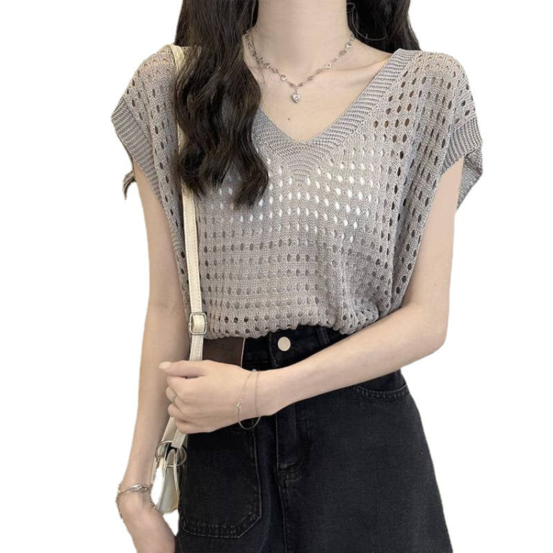 Blouse Hollow Out V-neck Knitwear Short Sleeve Vest Off-shoulder Broken Hole Design