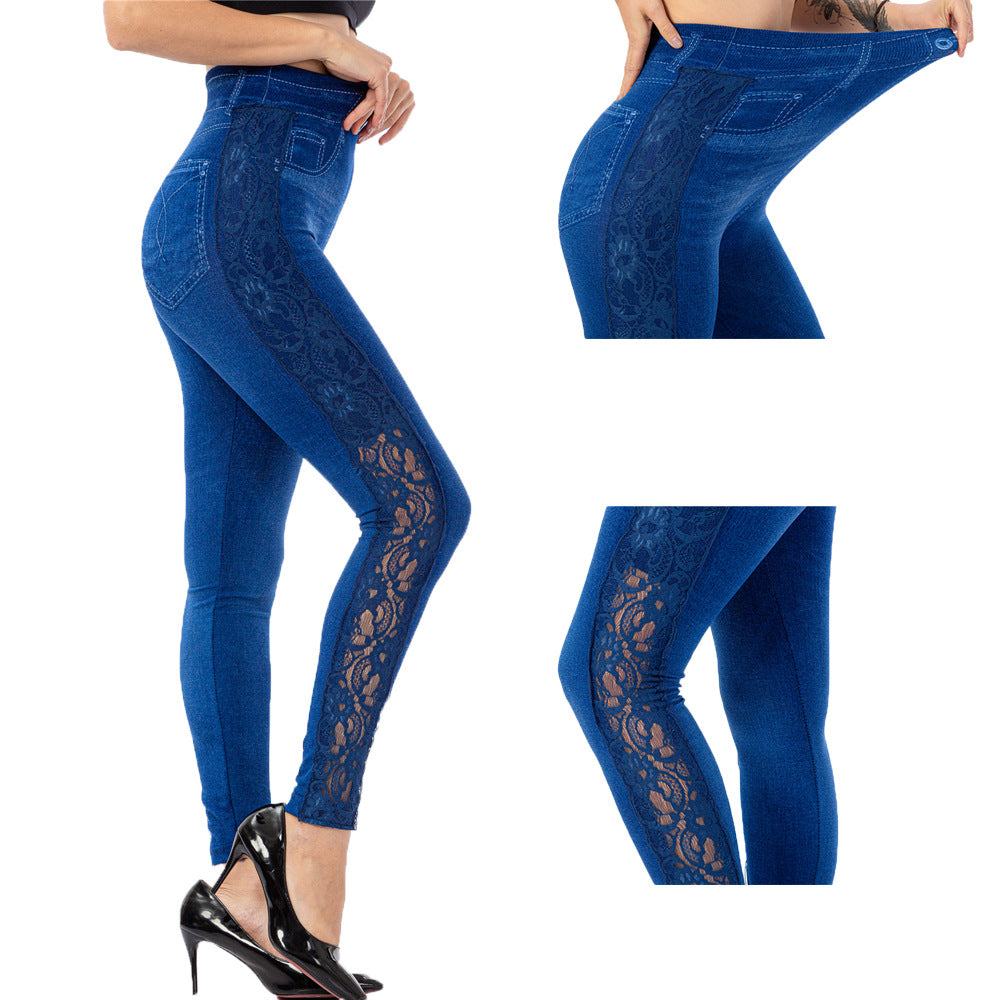 Womens Lace-Trimmed High-Waisted Faux Denim Leggings