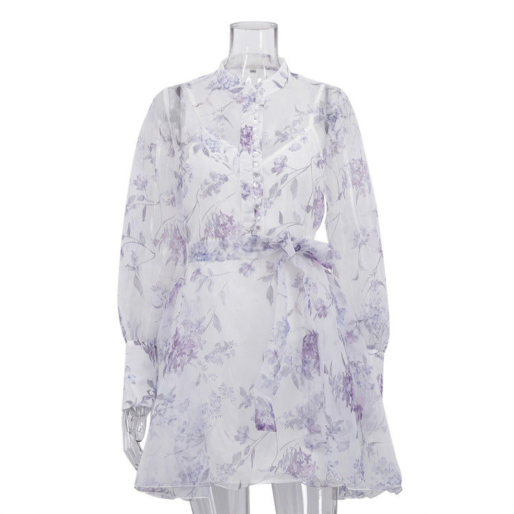 Stand-collar Long-sleeve Tie-front Printed Dress