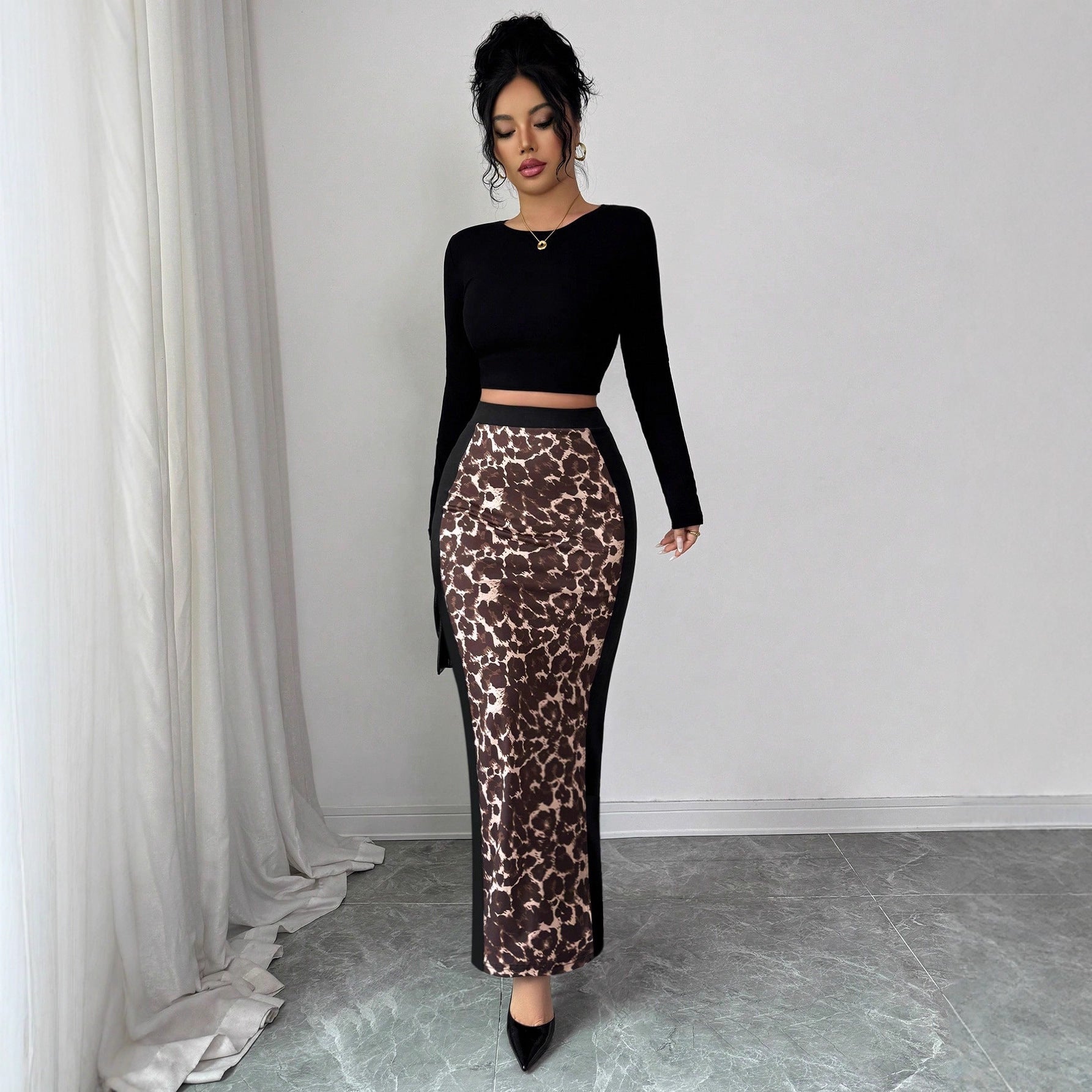 Womens Leopard-Print Patchwork High-Waist Bodycon Split Skirt
