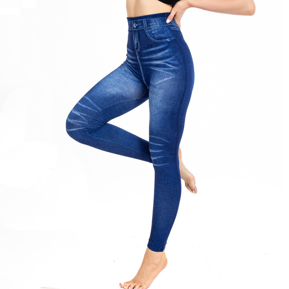 Womens Fashionable Pleated Printed Faux Denim Leggings