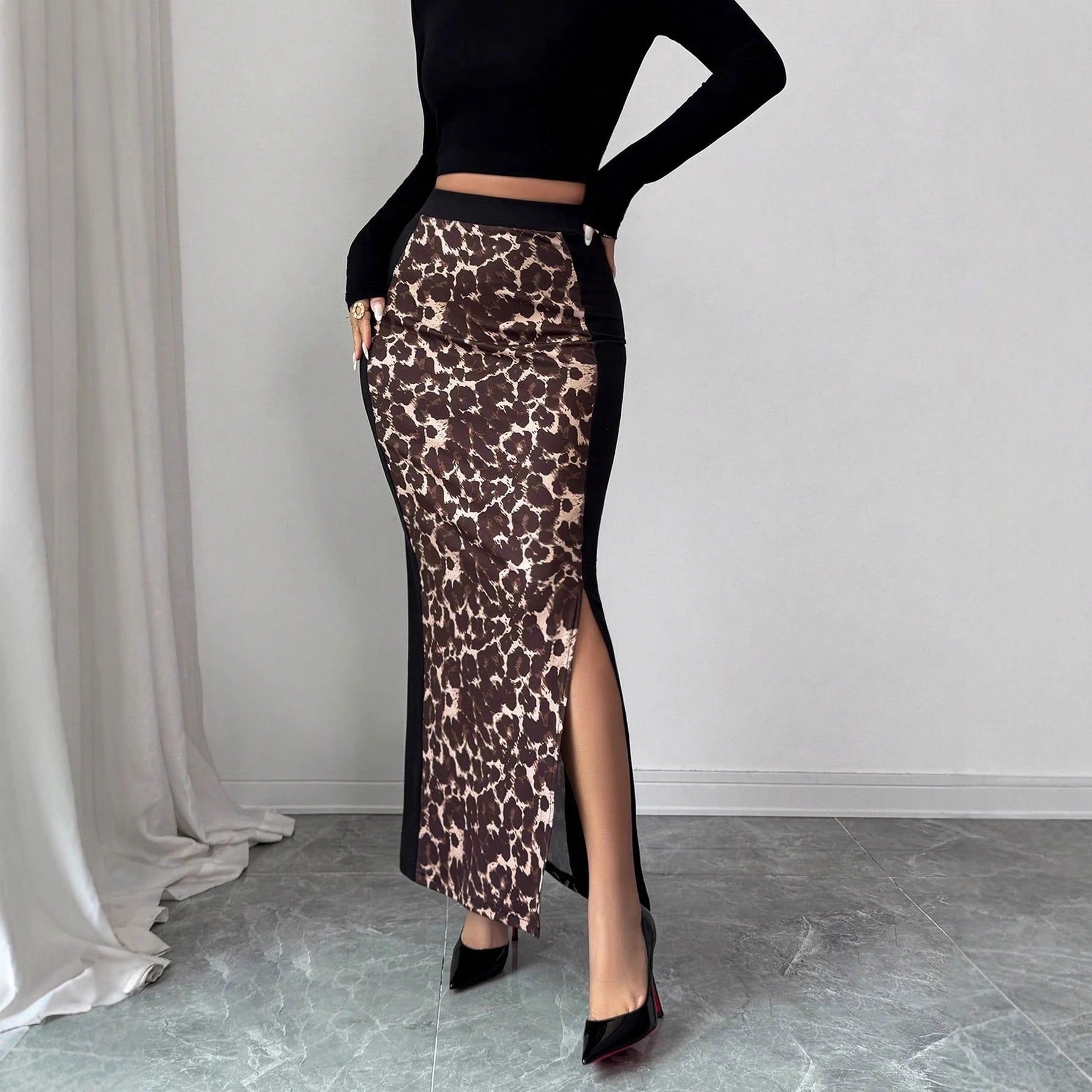 Womens Leopard-Print Patchwork High-Waist Bodycon Split Skirt