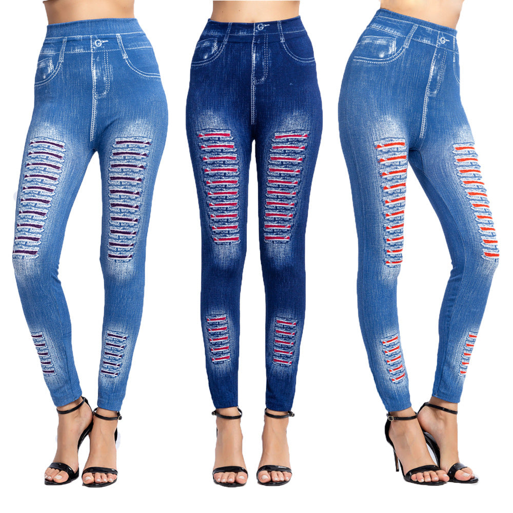 Stylish Striped Printed Faux Denim Leggings