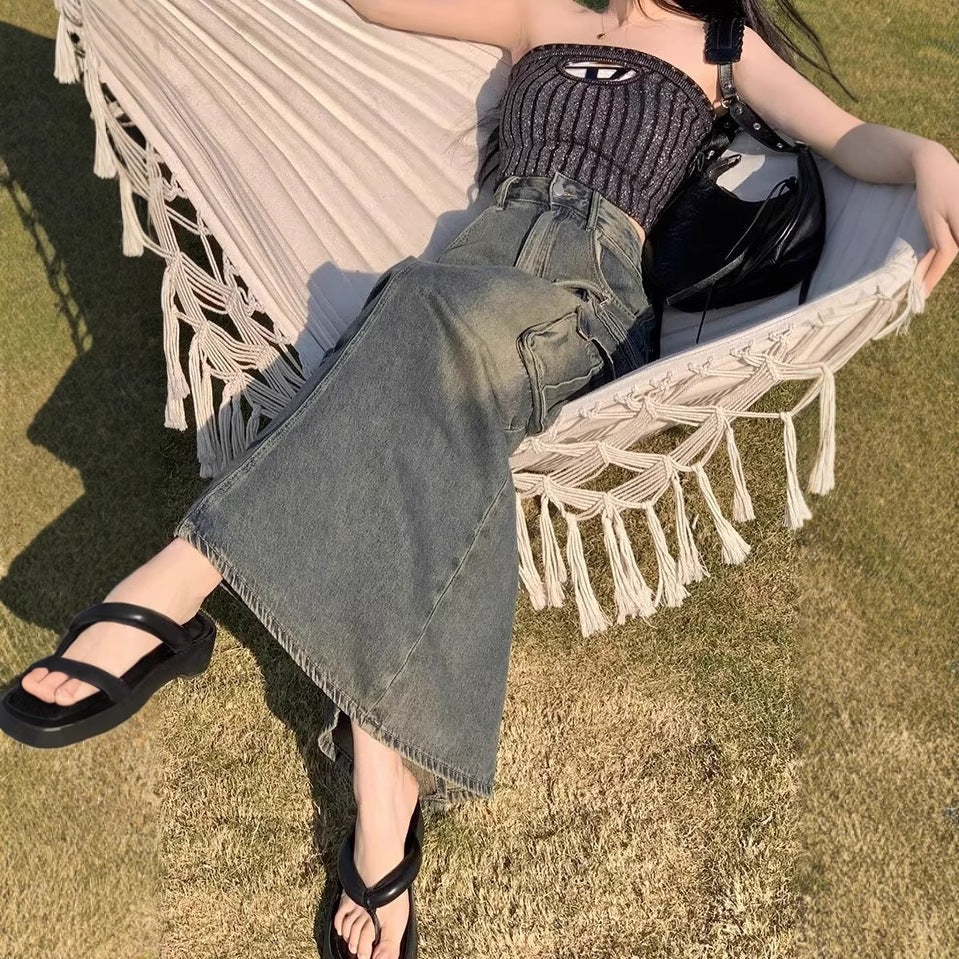 Womens Retro Slit Denim Maxi Skirt