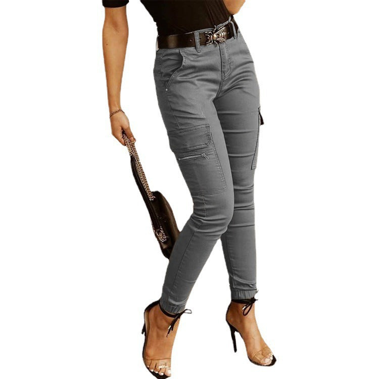 Ankle-length Low-rise Solid-color Cargo Pants With Pockets These Are Slim-fit Leggings