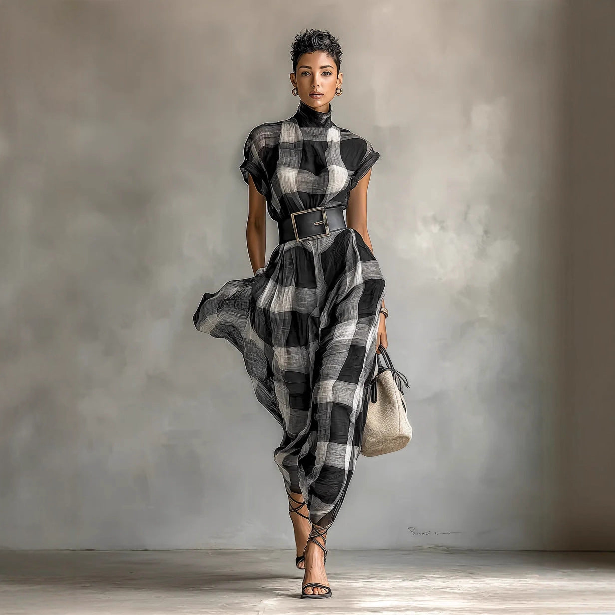 Retro Loose-fit Waist-cinched High-neck Plaid Dress With A Zipper