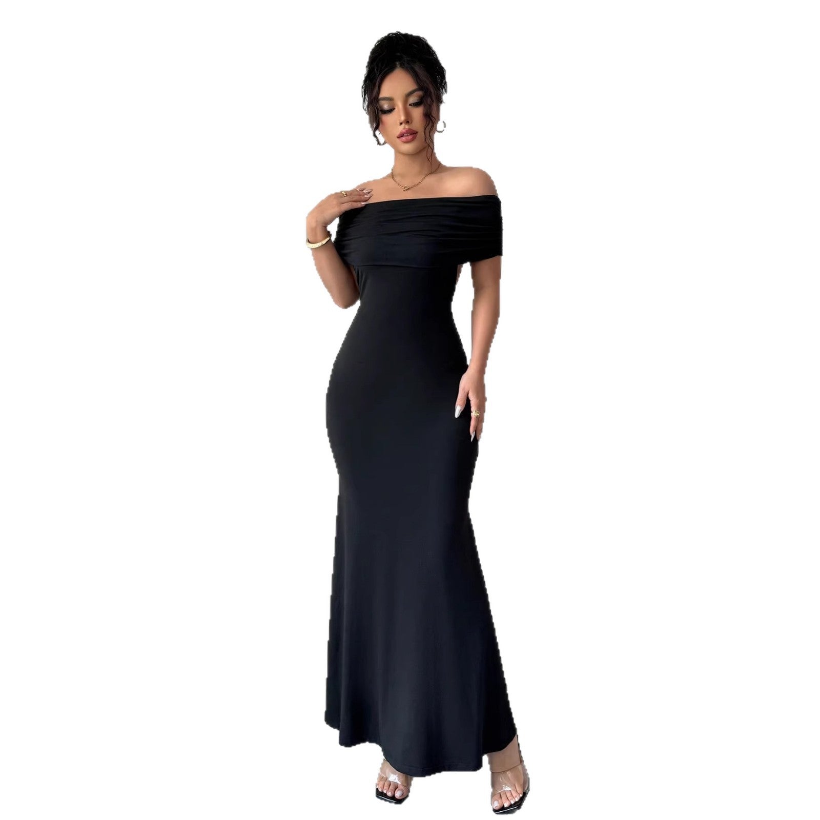 Womens Solid-Color Off-the-Shoulder Bodycon Dress With A Midriff-Baring Design