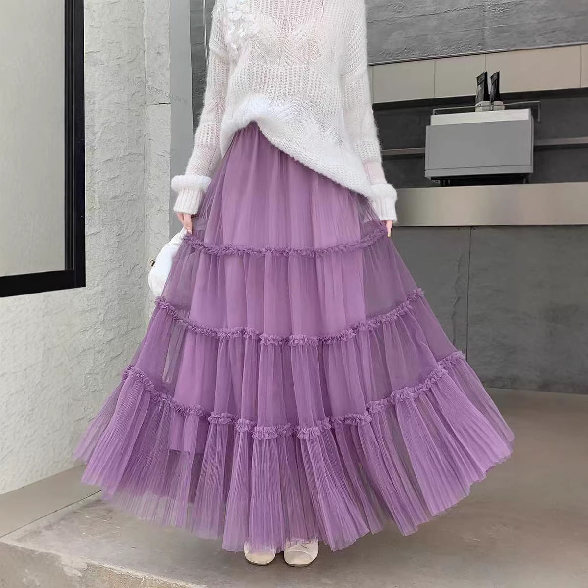French-style Ruffled Mesh Panel Puffy Skirt