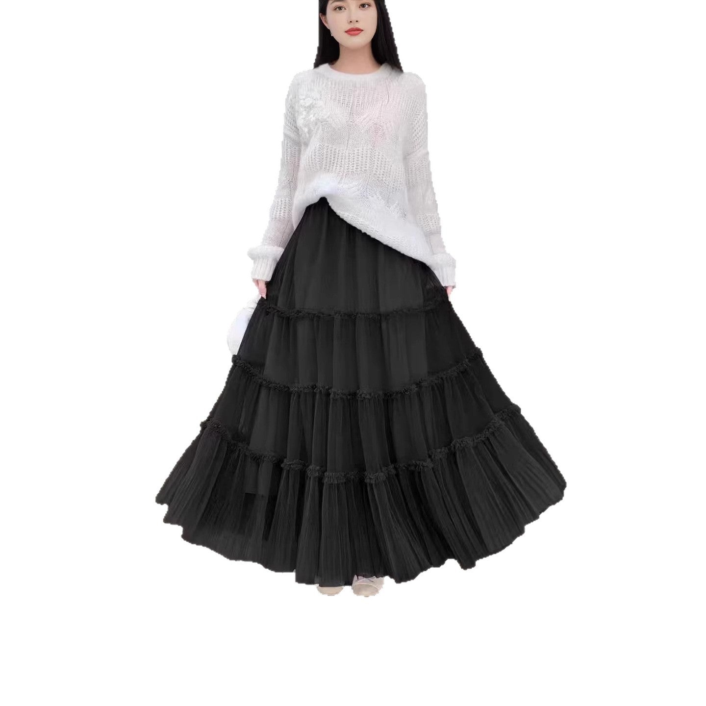 French-style Ruffled Mesh Panel Puffy Skirt