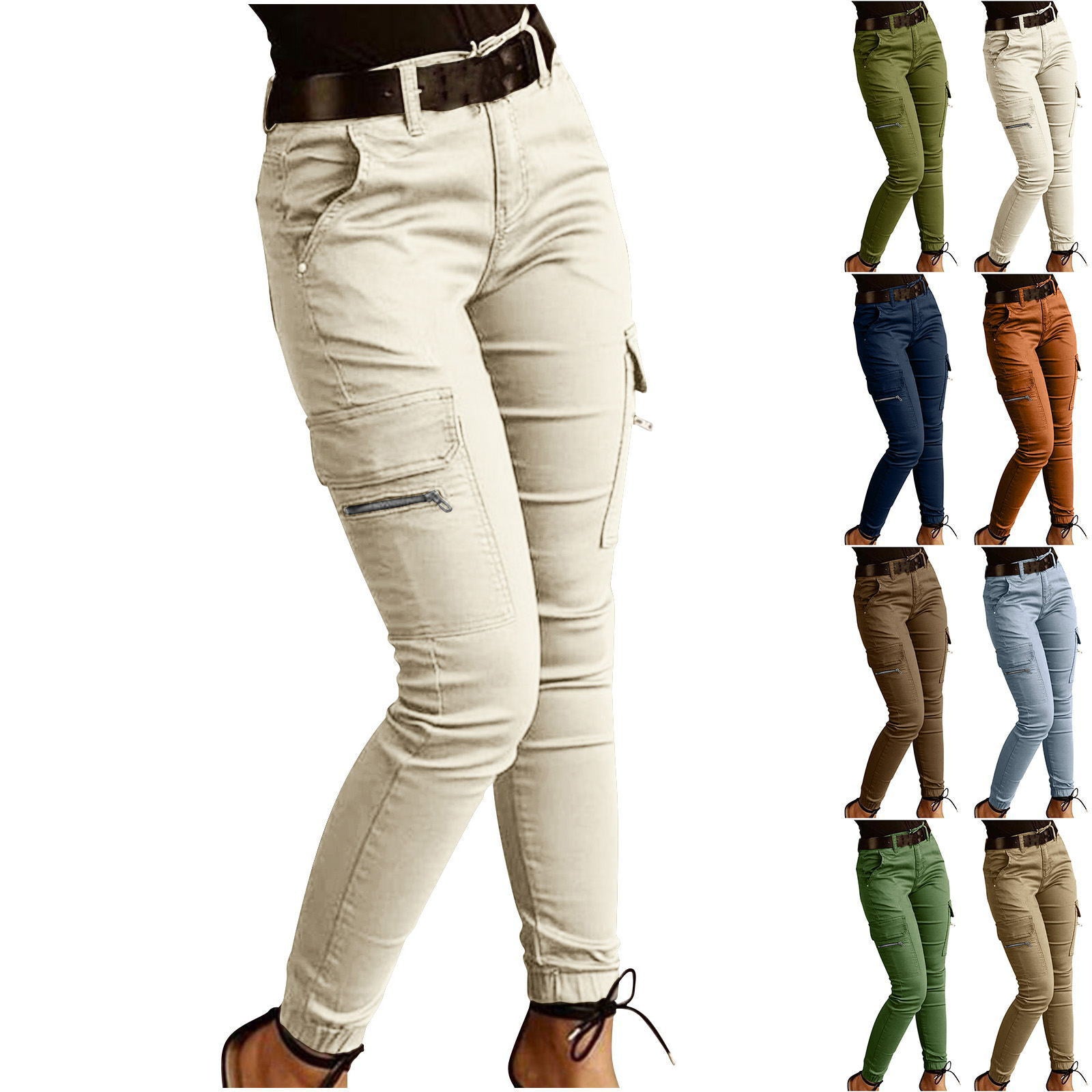 Ankle-length Low-rise Solid-color Cargo Pants With Pockets These Are Slim-fit Leggings