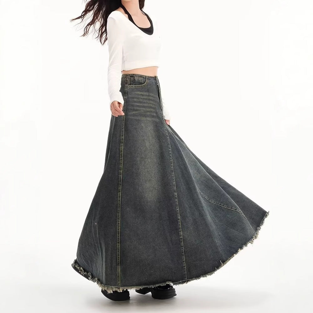 High-waisted Figure-flattering A-line Flared Retro Denim Skirt That Hugs The Hips