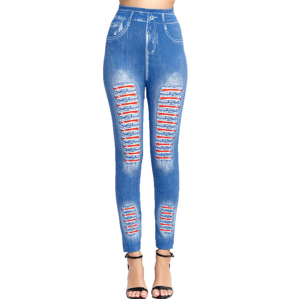 Stylish Striped Printed Faux Denim Leggings
