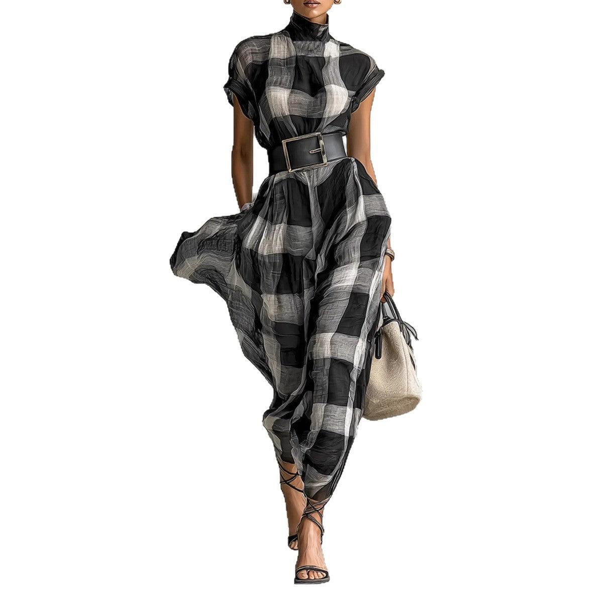 Retro Loose-fit Waist-cinched High-neck Plaid Dress With A Zipper