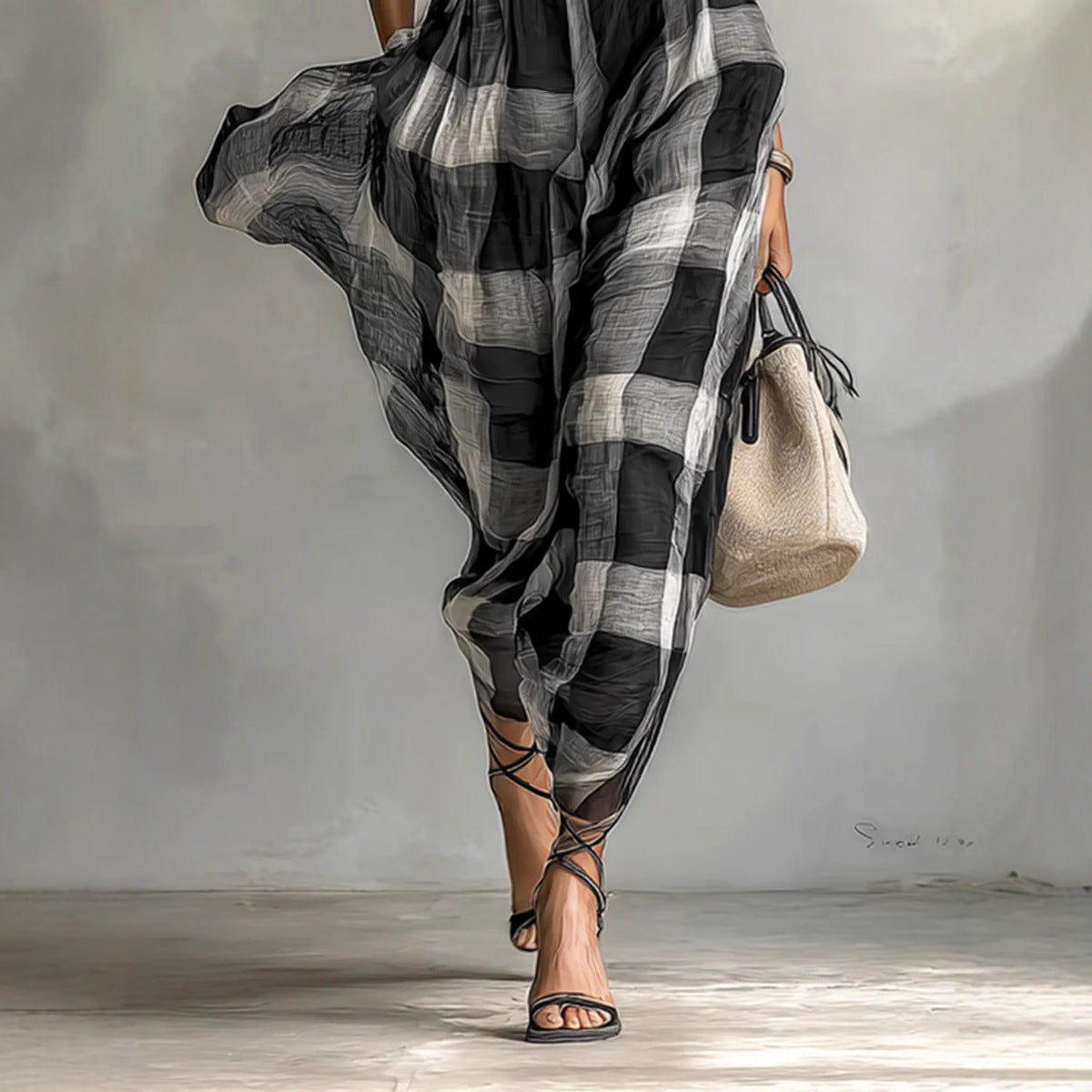 Retro Loose-fit Waist-cinched High-neck Plaid Dress With A Zipper