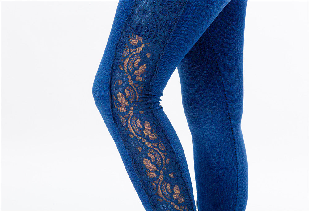 Womens Lace-Trimmed High-Waisted Faux Denim Leggings