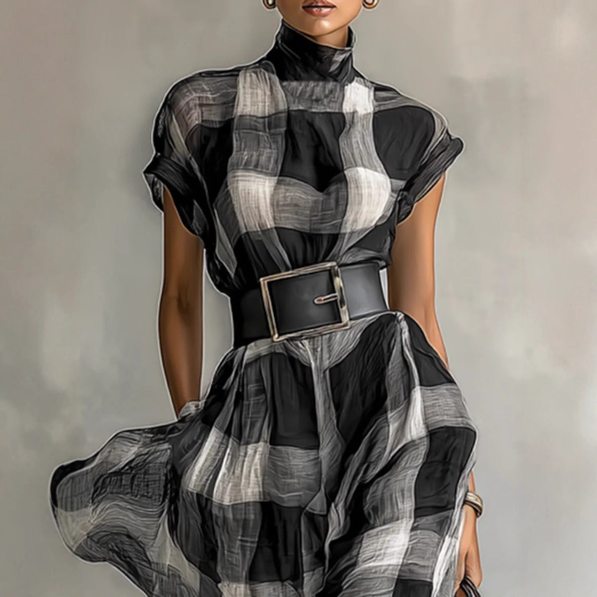 Retro Loose-fit Waist-cinched High-neck Plaid Dress With A Zipper