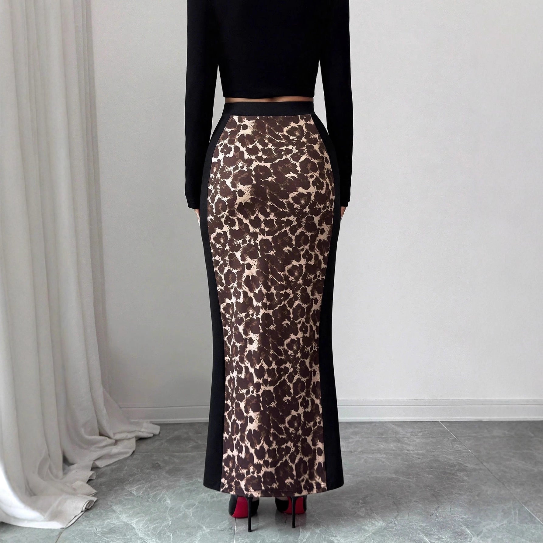 Womens Leopard-Print Patchwork High-Waist Bodycon Split Skirt
