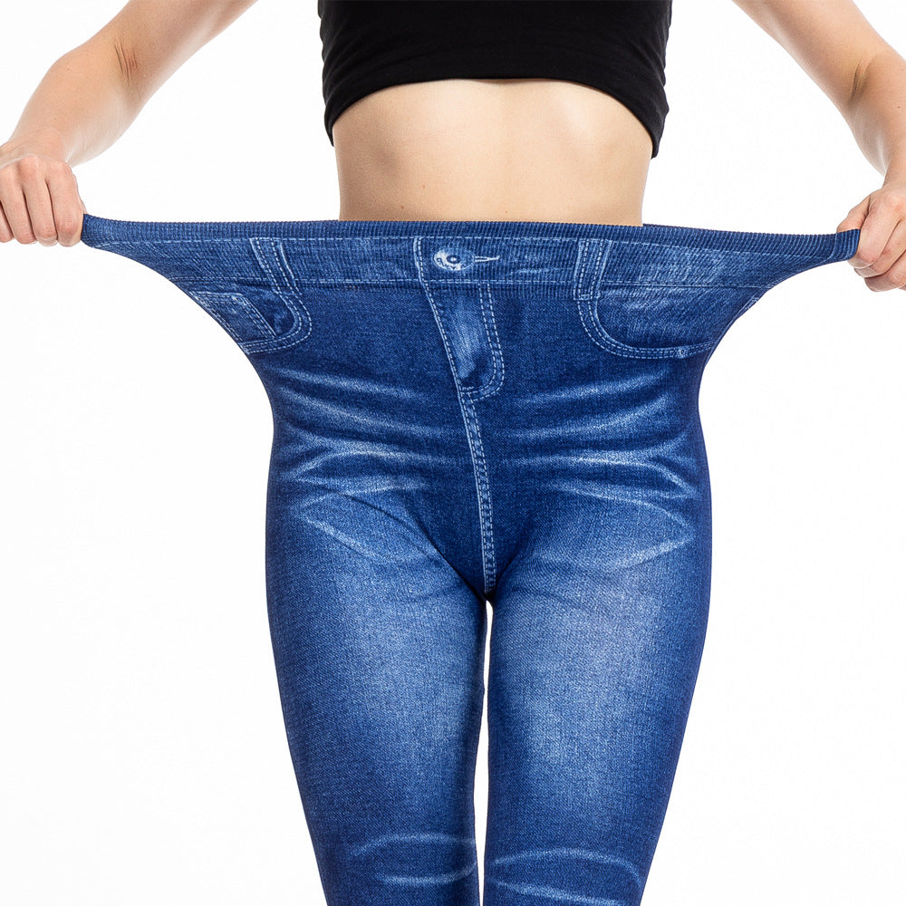 Womens Fashionable Pleated Printed Faux Denim Leggings