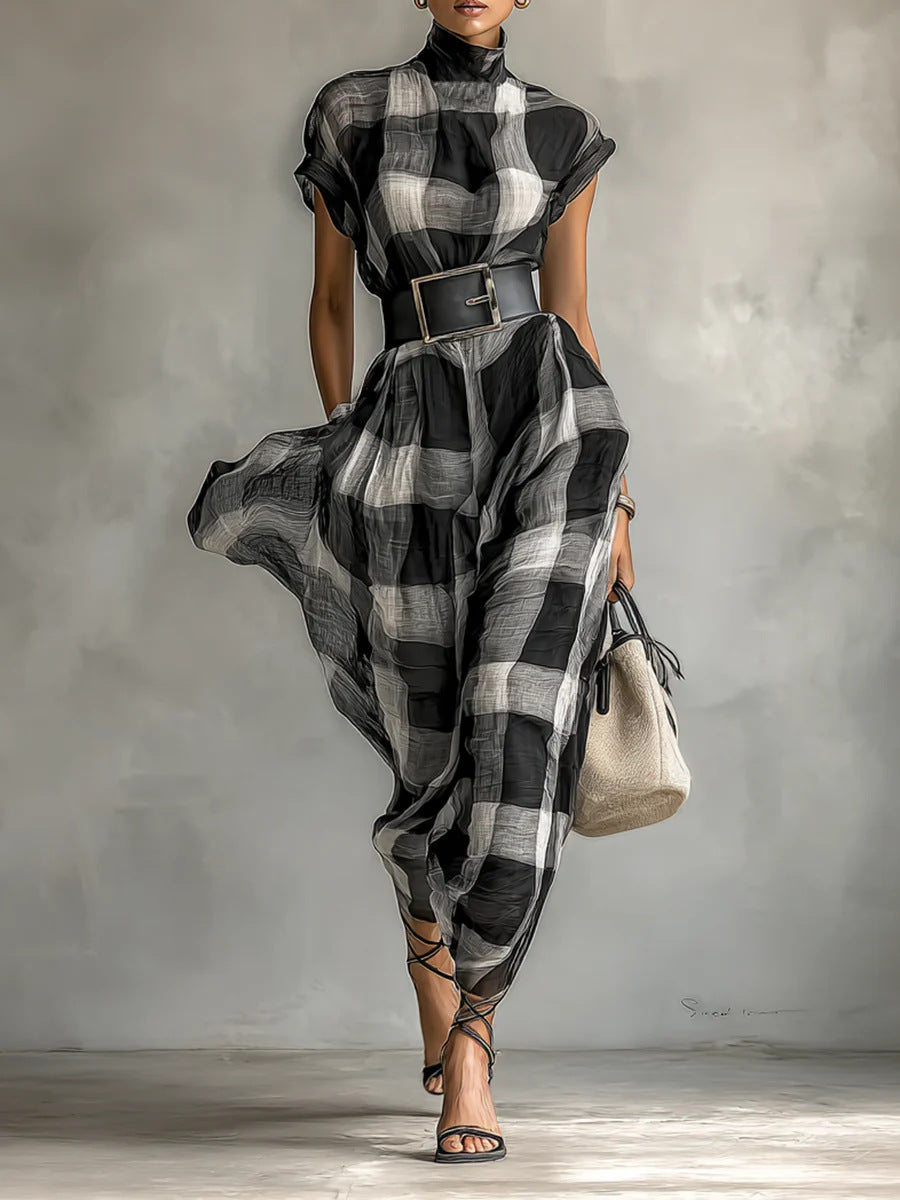 Retro Loose-fit Waist-cinched High-neck Plaid Dress With A Zipper