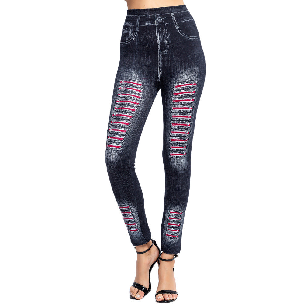 Stylish Striped Printed Faux Denim Leggings