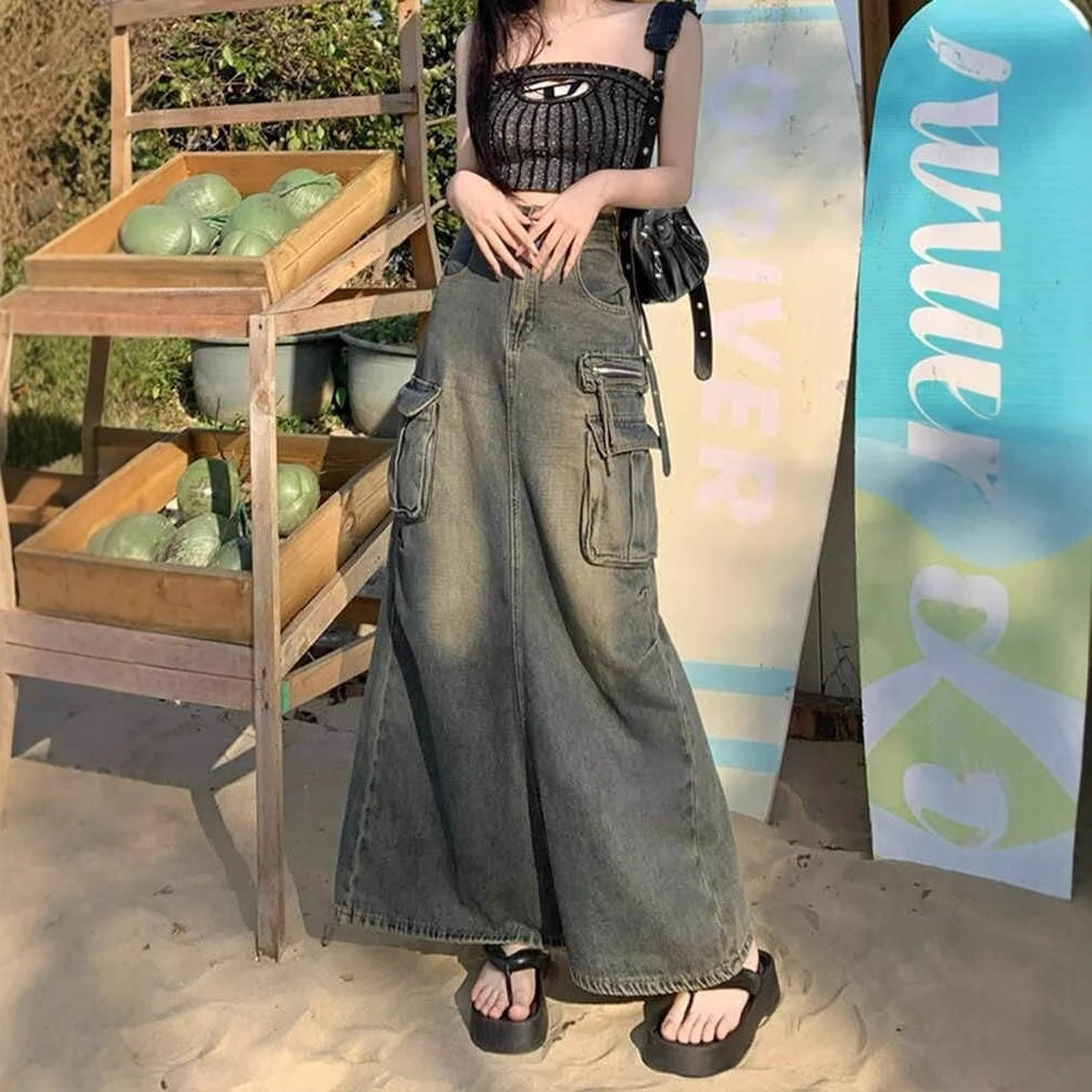 Womens Retro Slit Denim Maxi Skirt