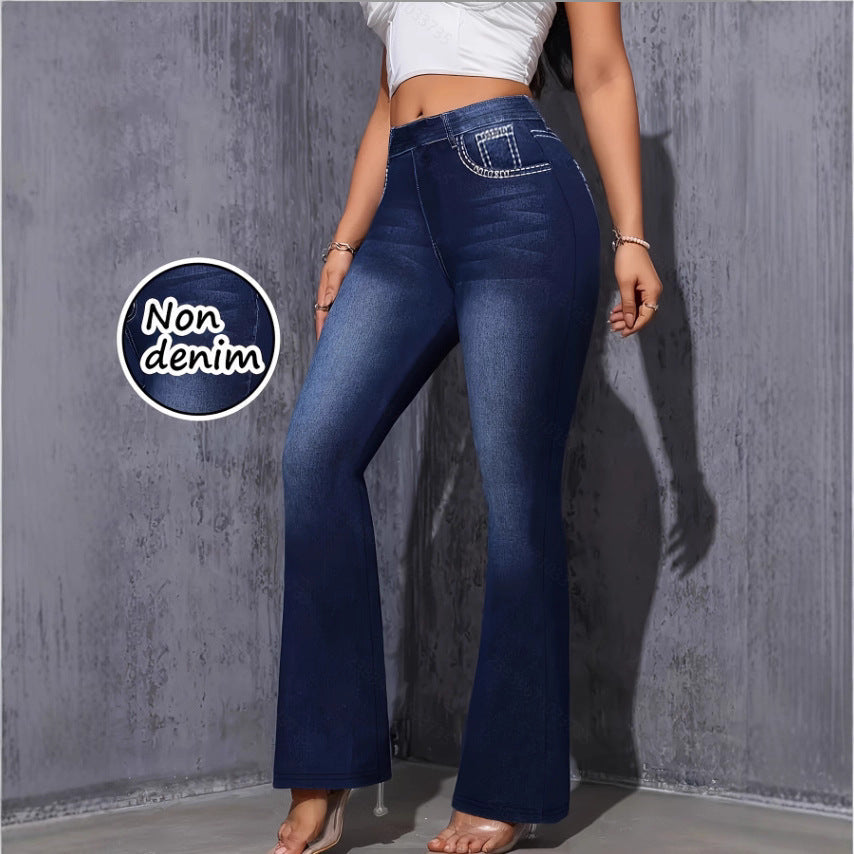 Stretchy Yoga And Fitness Leggings With A Denim-inspired Print