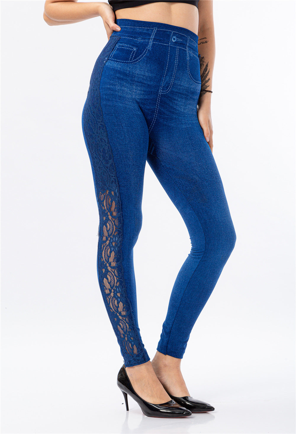 Womens Lace-Trimmed High-Waisted Faux Denim Leggings