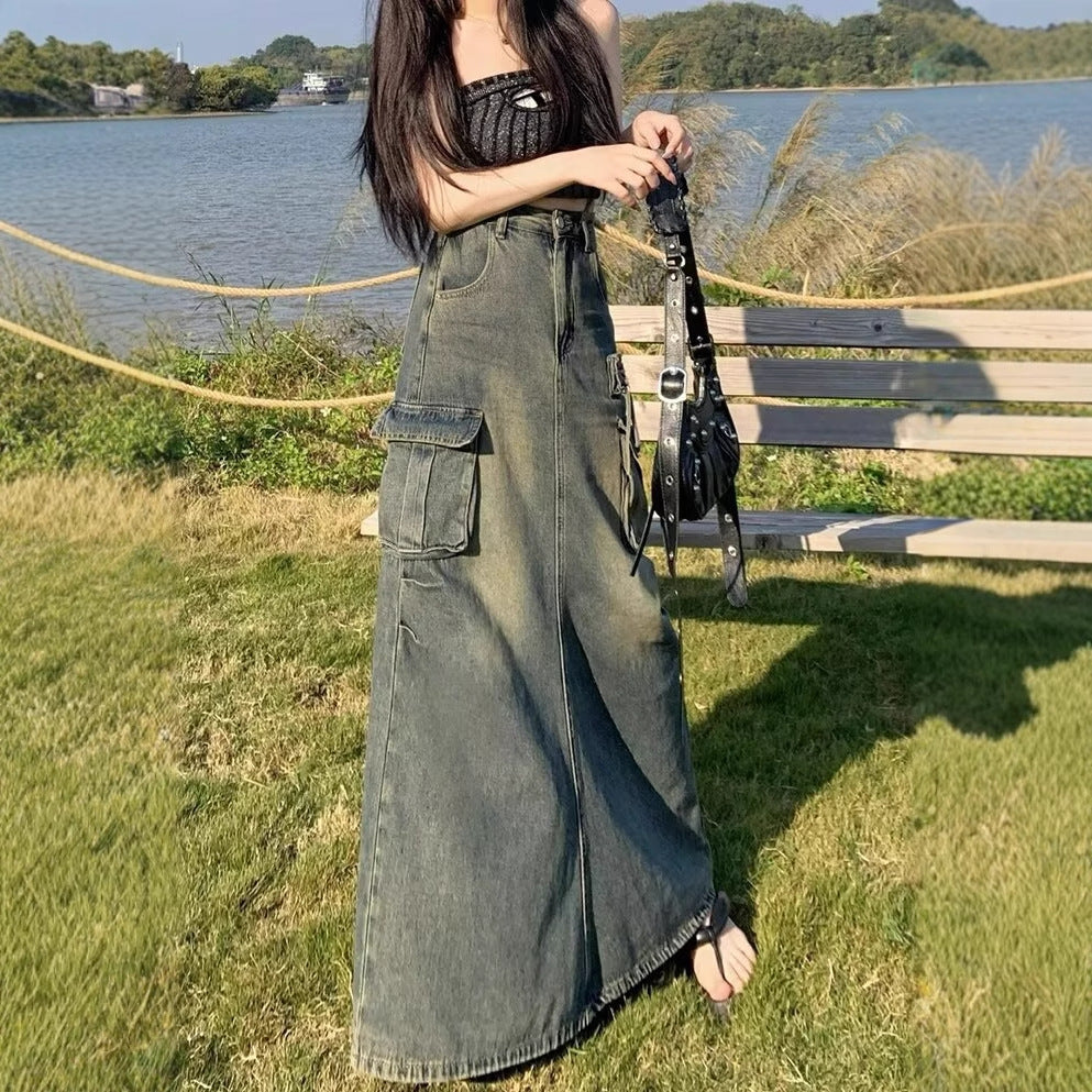 Womens Retro Slit Denim Maxi Skirt
