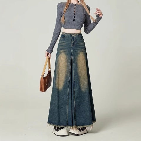 High-waisted Drapey Slimming Vintage Distressed Loose-fit Denim Skirt