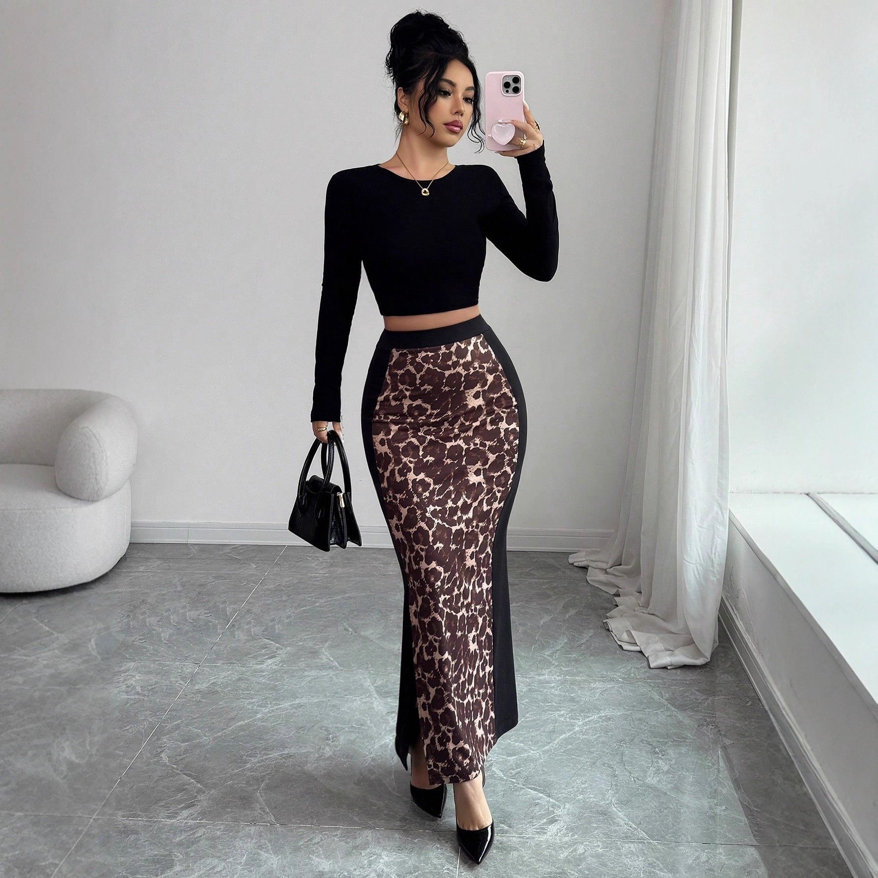 Womens Leopard-Print Patchwork High-Waist Bodycon Split Skirt