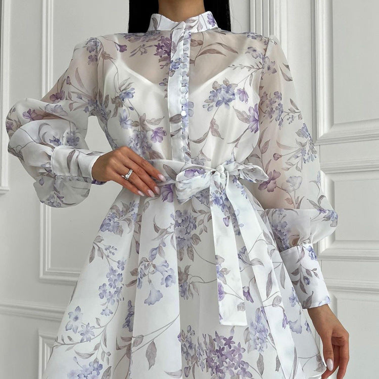 Stand-collar Long-sleeve Tie-front Printed Dress
