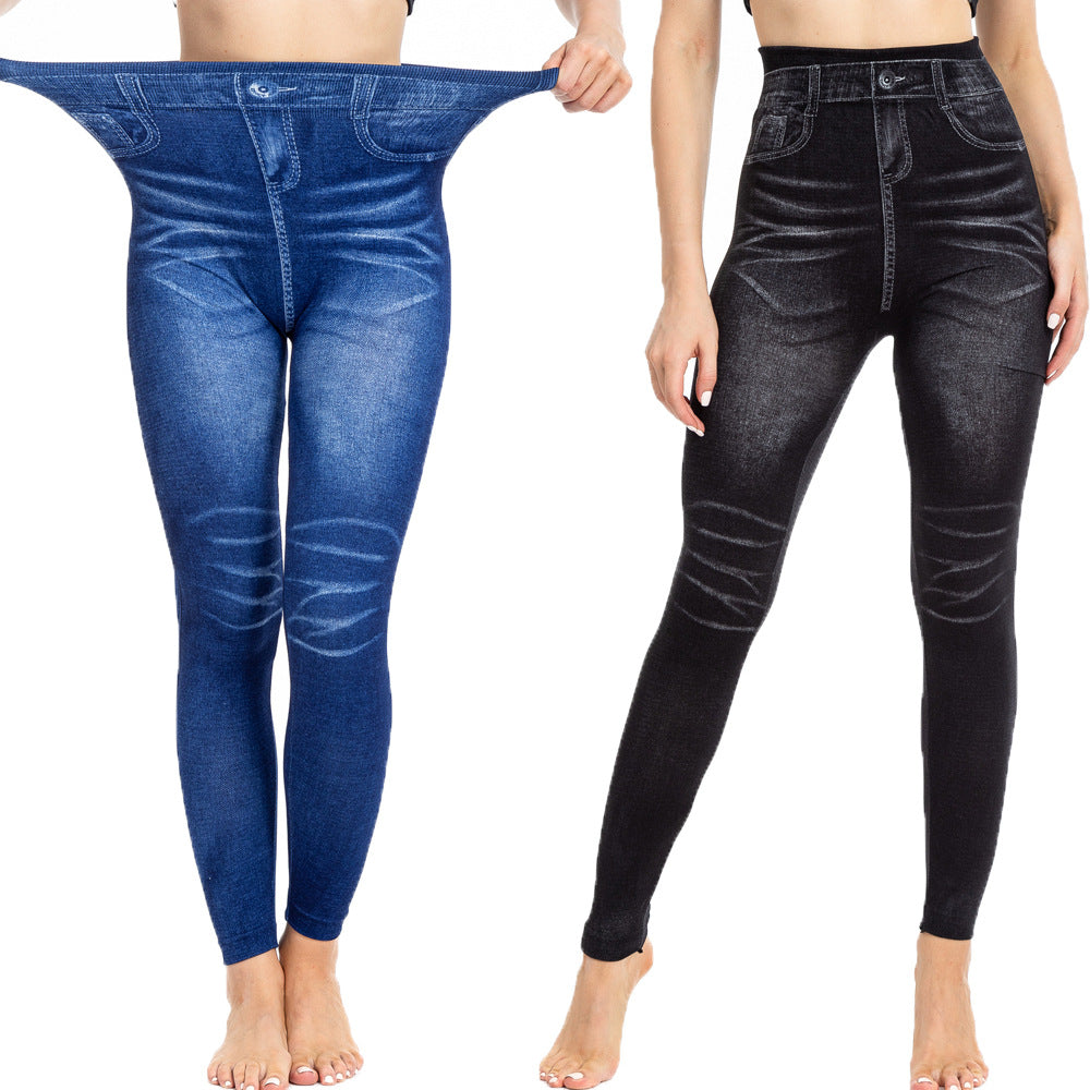 Womens Fashionable Pleated Printed Faux Denim Leggings