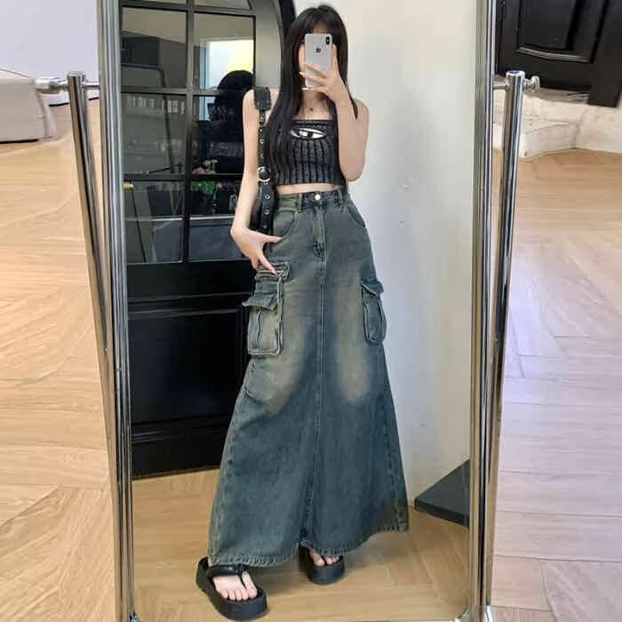 Womens Retro Slit Denim Maxi Skirt