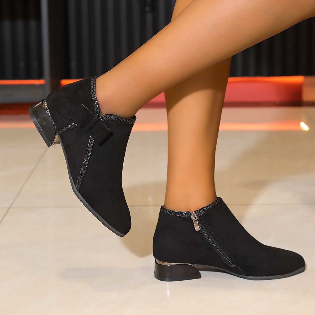 Bow-tie Pointed-toe Side-zip Womens Boots