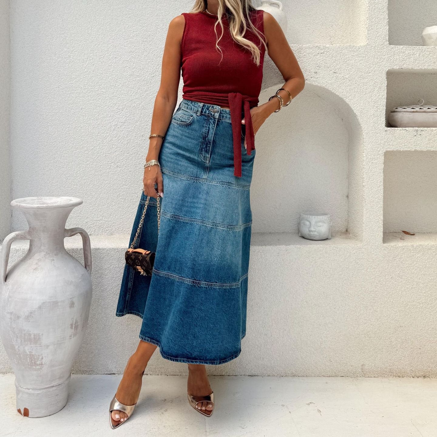 Womens Retro High-Waisted Casual Denim Midi Skirt