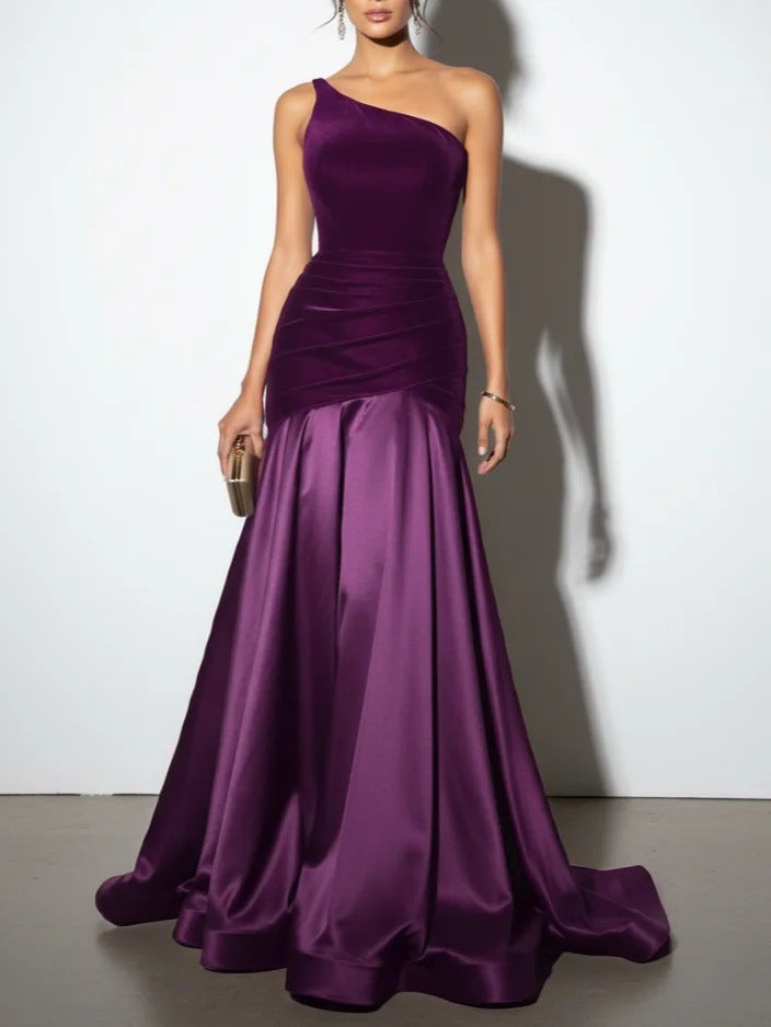 Womens Solid-Color Velvet Patchwork Evening Dress