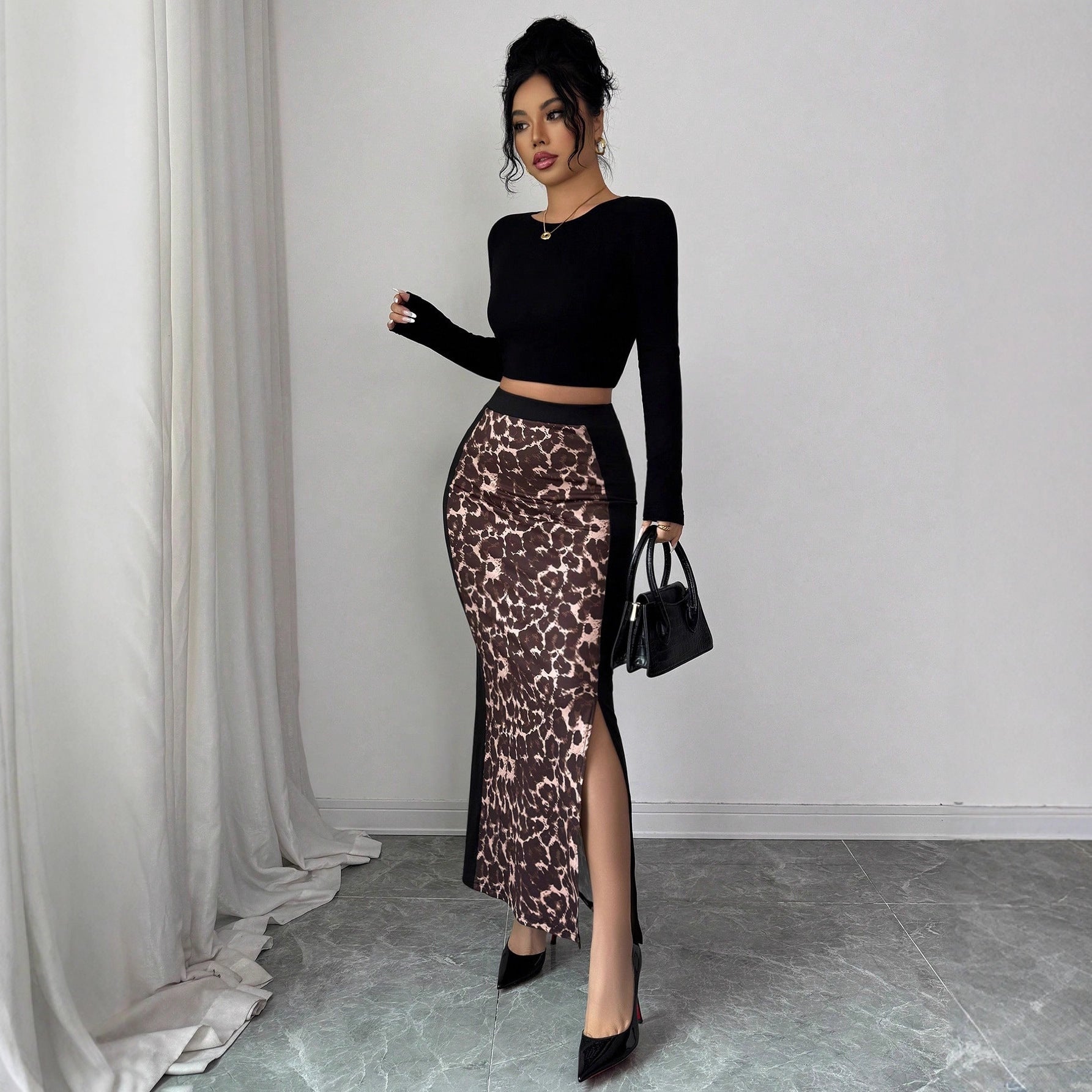 Womens Leopard-Print Patchwork High-Waist Bodycon Split Skirt