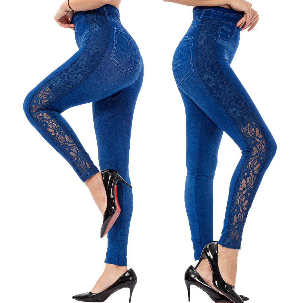 Womens Lace-Trimmed High-Waisted Faux Denim Leggings
