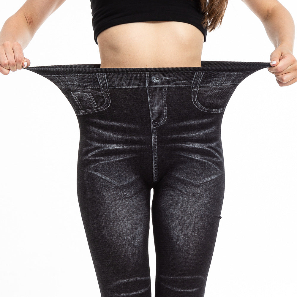 Womens Fashionable Pleated Printed Faux Denim Leggings