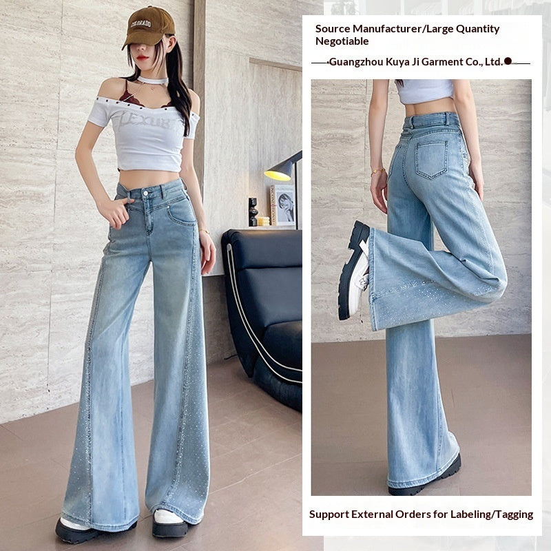 Hot-stone Embellished Wide-leg Flared Denim Jeans For Women Loose Fit In Washed Blue