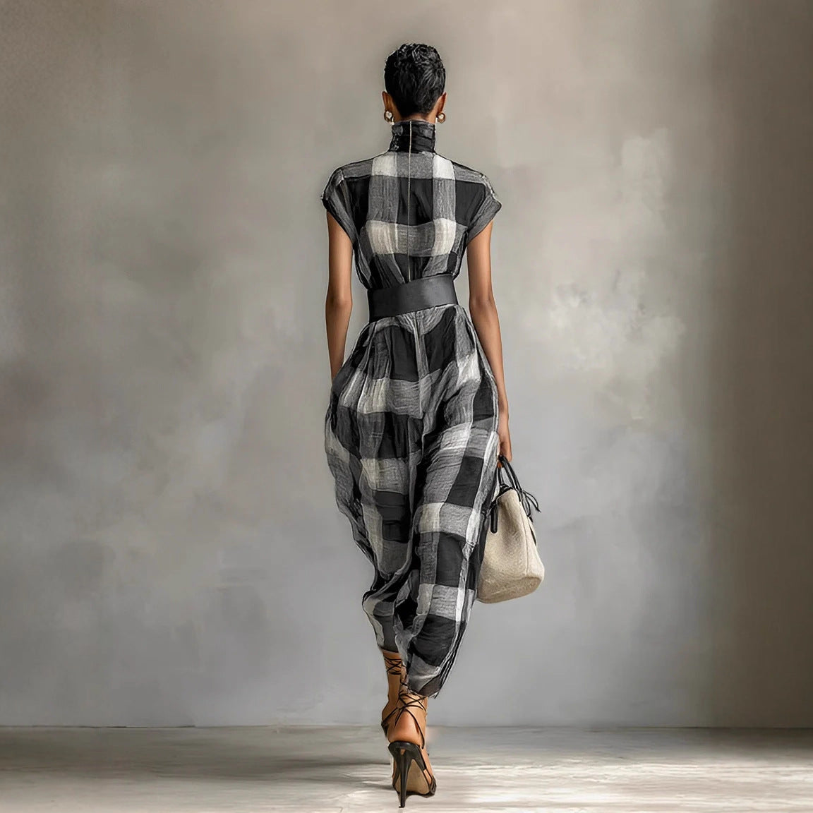 Retro Loose-fit Waist-cinched High-neck Plaid Dress With A Zipper