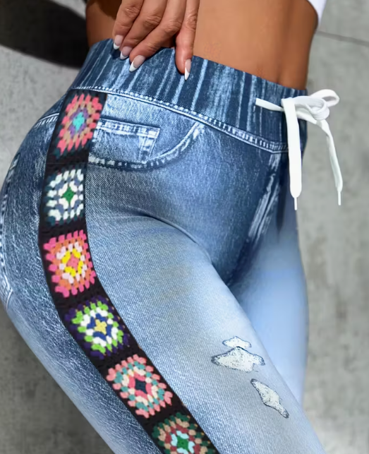 Womens Stretch Waist Faux Denim Jeans