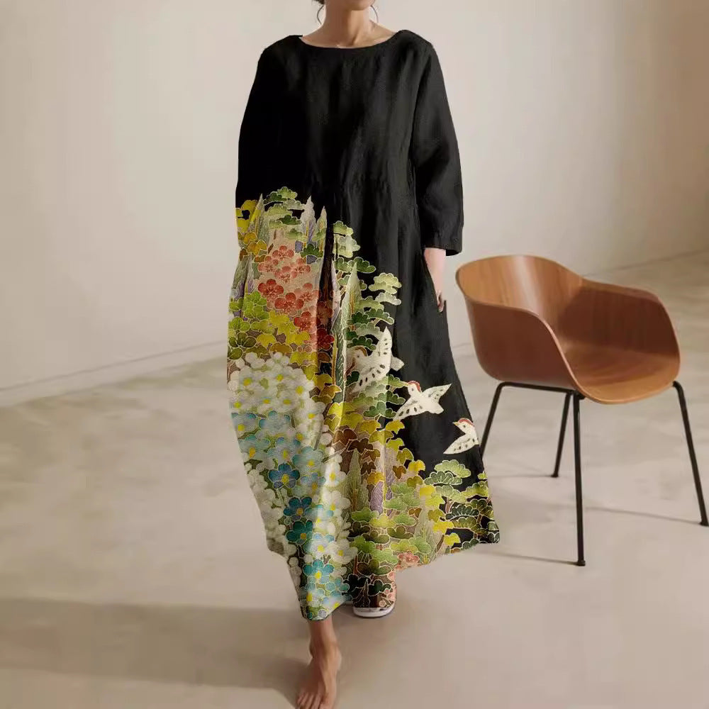 Relaxed-fit Crew-neck High-end Midi-length Printed Dress