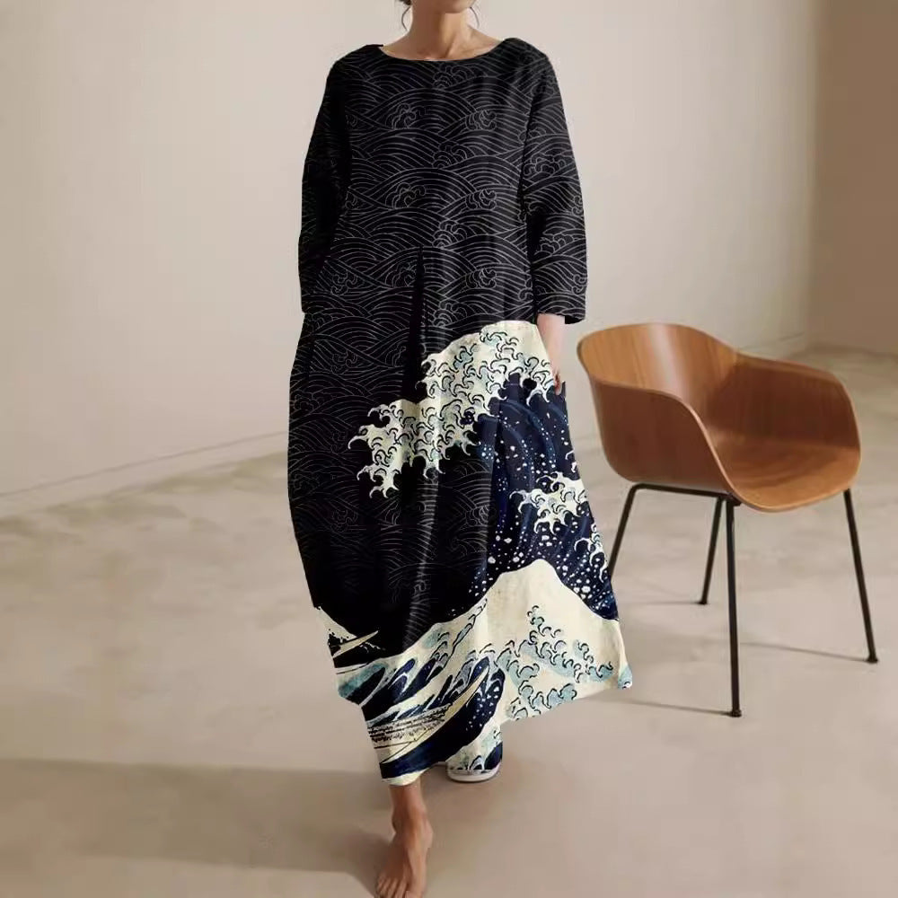 Relaxed-fit Crew-neck High-end Midi-length Printed Dress