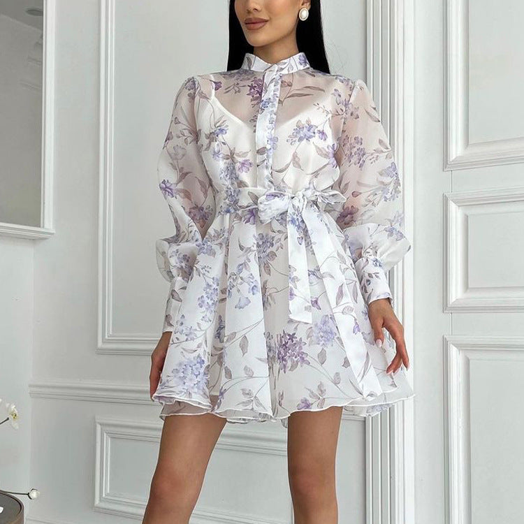 Stand-collar Long-sleeve Tie-front Printed Dress