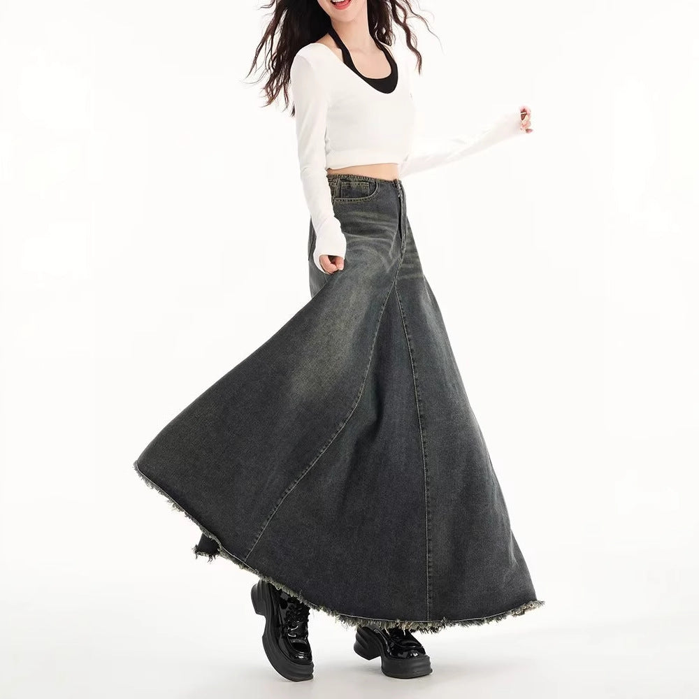 High-waisted Figure-flattering A-line Flared Retro Denim Skirt That Hugs The Hips